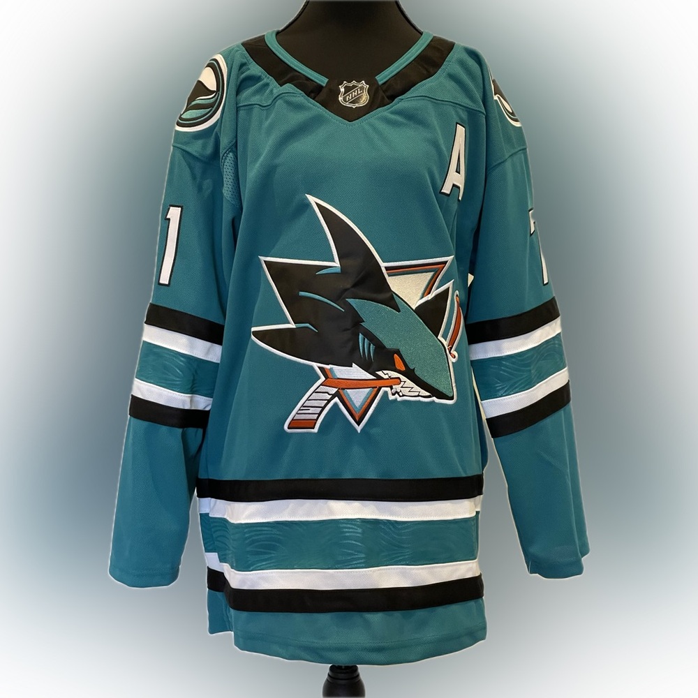 NHL Teal and Black Jersey with Logo. San Jose Sharks